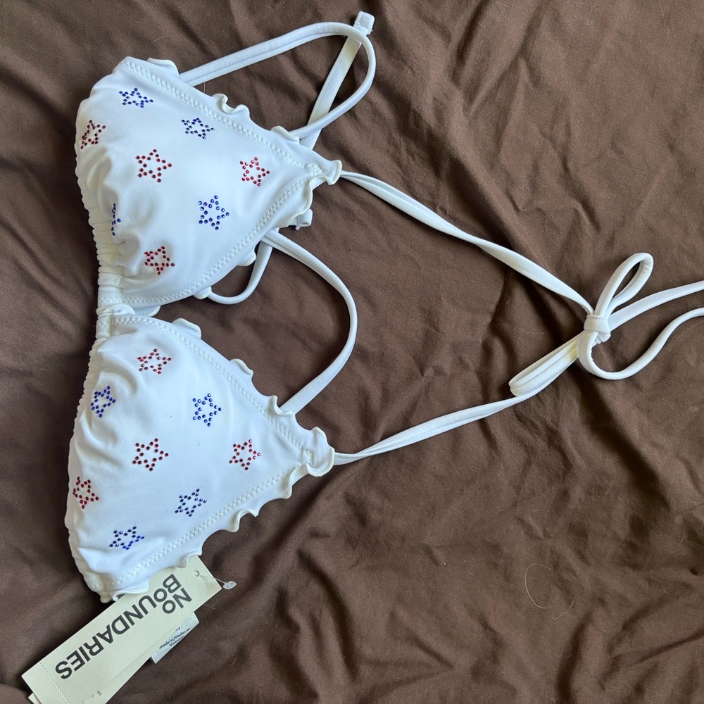 No Boundaries White Bikini Top with Red and Blue Star Print